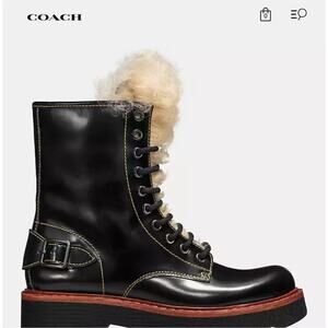 Coach Women’s 7.5 Black Leather Moto Hiker Shearling Platform Ankle Boots NEW